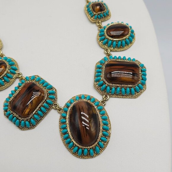 Vintage 1980s Ethnic Big Bold Link Necklace With Tigers Eye Stones Aqua Beads - Picture 3 of 7